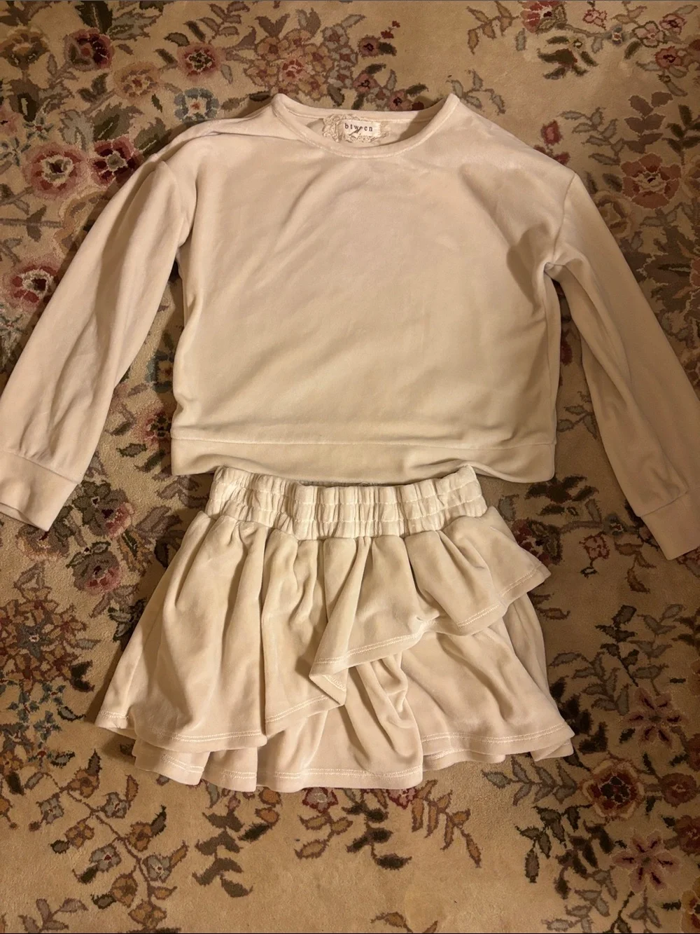 btween Cream Long-Sleeve Top and Ruffled Skirt Set